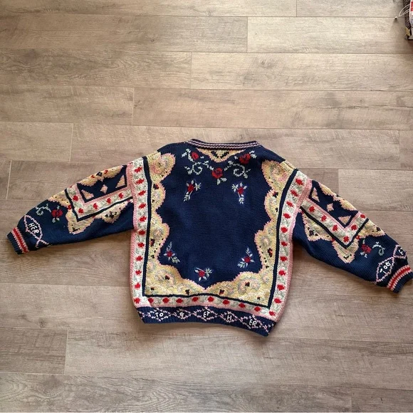 90s Together! Sweater Blue Yellow Knit Embroidered Button Up Cardigan - Picture 11 of 14